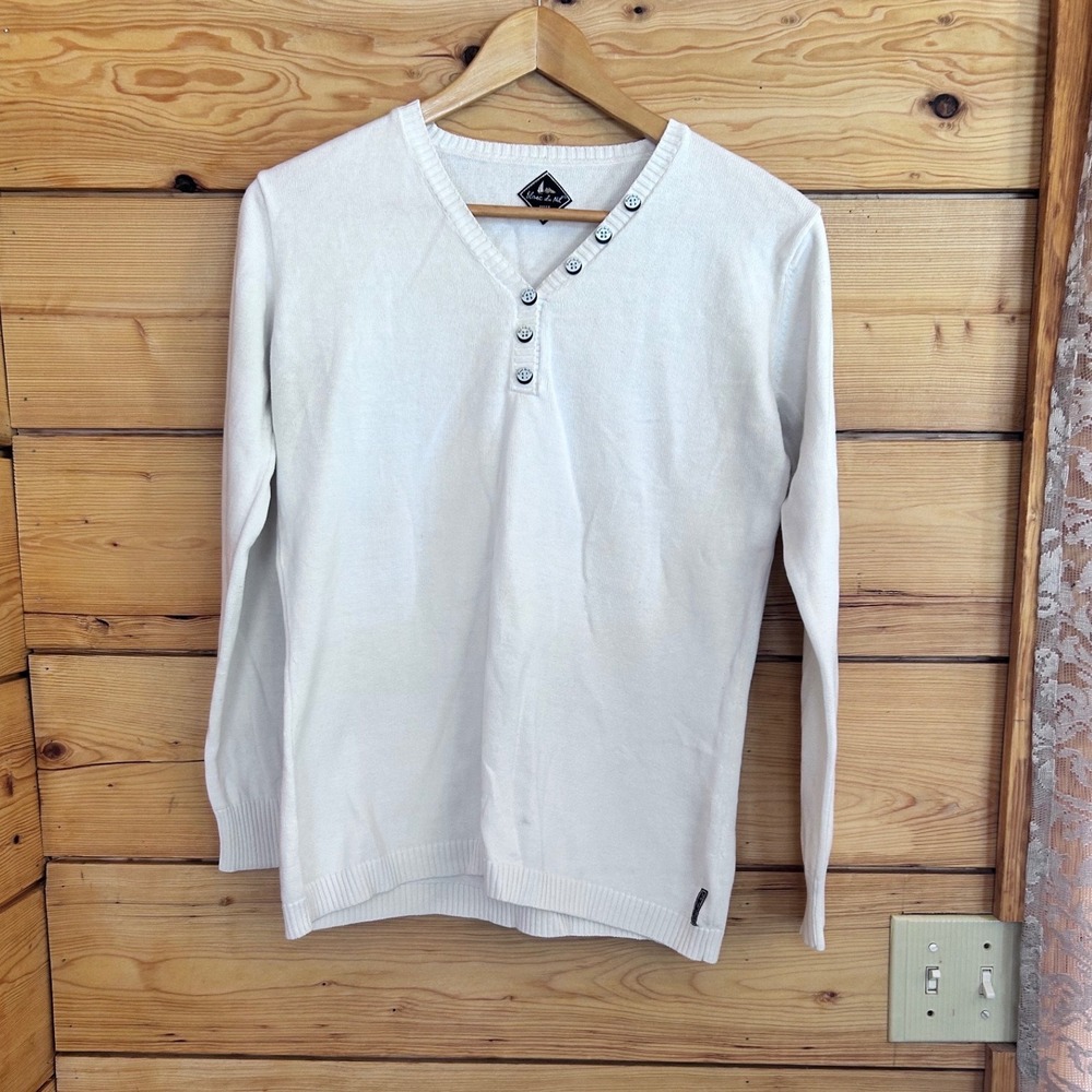Henley Sweater Womens Medium White Cotton‎ V Neck Long Sleeve Top Blanc du Nil